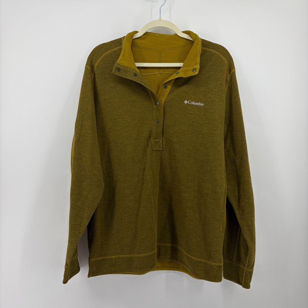 Columbia Mens Medium Olive Green Pullover‎ Snap Neck Waffle Knit Sweater